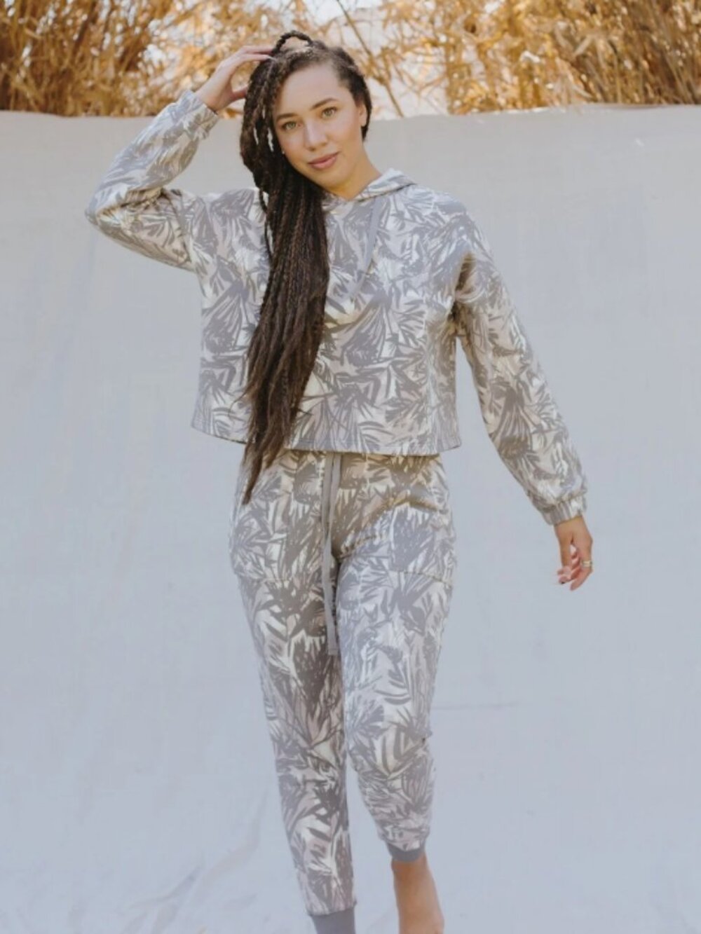 NWT LOVE STITCH Palm Printed Gray Natural Cotton Sweatshirt and Jogger SET